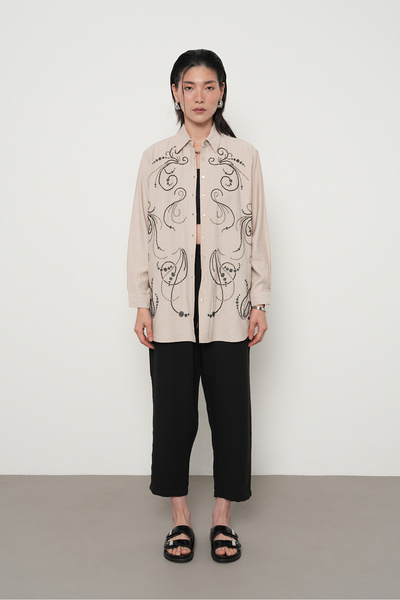 Orfeo Negro Women's Front Beaded Oversize Cut-Out Solid Color Shirt