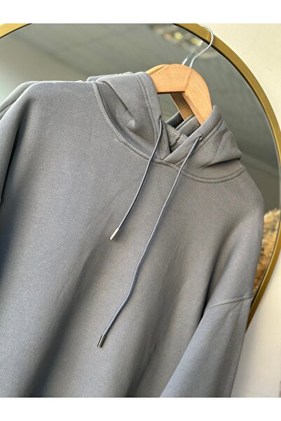 MİHRA STORE Μπλούζα Banu Yandan με οβάλ τσέπες oversized με κουκούλα και τρεις κορδόνια Sweat-ZN1644 Anthracite