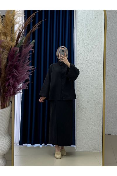 MİHRA STORE Serista Skirt Side Tie Linen Suit-Ek262 Black