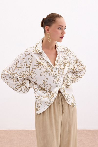 Sateen Floral Embroidered Viscose Shirt - Khaki