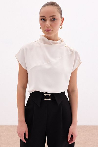 Sateen One Shoulder Snap Blouse - Beige