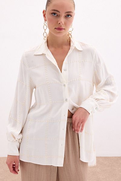 Sateen Embroidery Detailed Viscose Shirt - Cream
