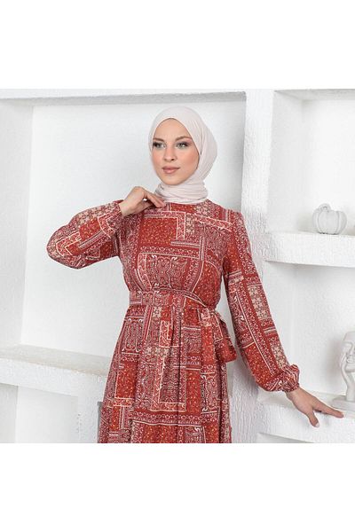 MİHRA STORE Rochie de vară din viscoză cu model pentru femei hijab-PA9346 crem
