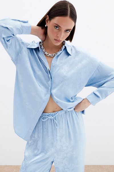 Sateen Jacquard Satin Shirt - Baby Blue
