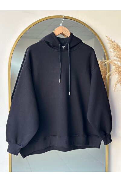 MİHRA STORE Μπλούζα Banu Yandan με οβάλ τσέπες oversized με κουκούλα και τρεις κορδόνια Sweat-ZN1644 Μαύρο