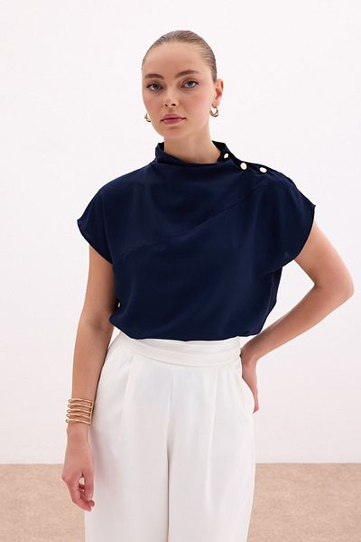 Sateen One Shoulder Snap Blouse - Navy Blue