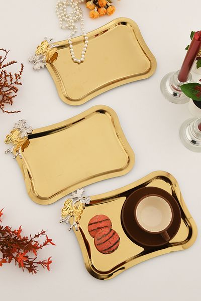 AKSESUAR EVRENİ Naldo Italian Model Butterfly Detailed 3 Presentation Trays Gold