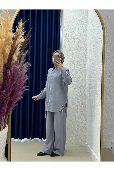 MİHRA STORE Yelita Slit Drawstring Strawberry Pants Suit-Mf462 Gray