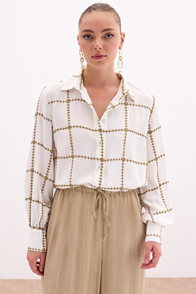 Sateen Nakış Detaylı Viskon Gömlek - Haki