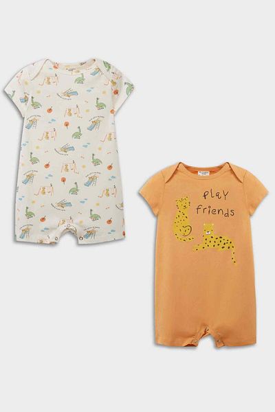 DeFacto Baby Boy Newborn Patterned Combed Cotton 2-Piece Short Sleeve Jumpsuit E4015A525Sm