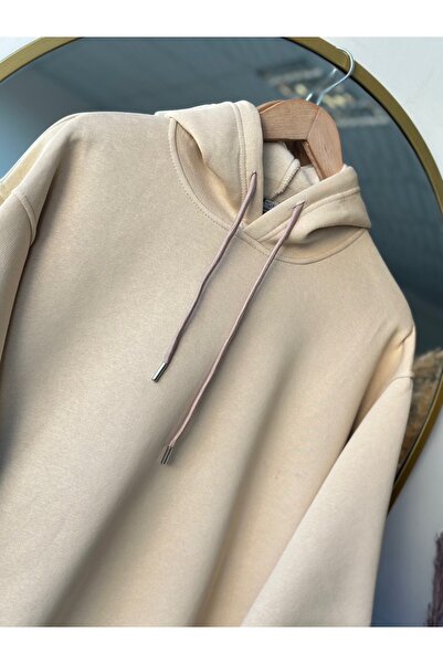 MİHRA STORE Banu Side Овална джоб Оверсайз качулка Трикотажна блуза с три връзки-ZN1644 Камък