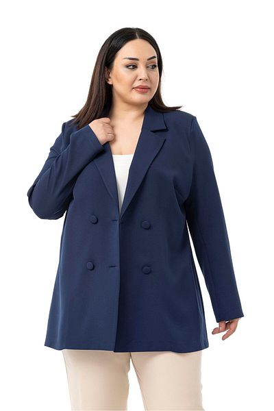 DISENTIS MODEST Plus Size Coated Buttoned Double Breasted Navy Blue Unlined Jacket