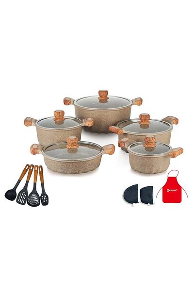Dessini 17-Piece Non Stick Granite Cookware Set 20/24/28/32Cm Casserole, 28Cm Shallow Casserole - PF