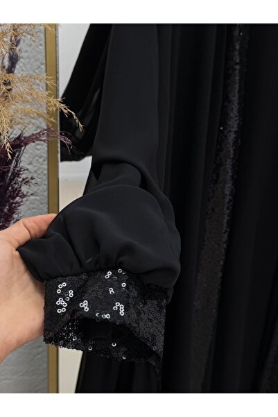 MİHRA STORE Tuğba Κρεπ Παγιέτες Αμπαγιά-PA9569 Μαύρο