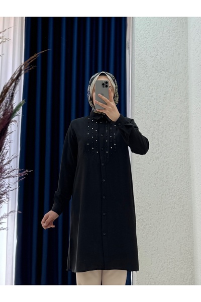 MİHRA STORE Aurora Front Pleated Stone Linda Shirt-El1875 Black