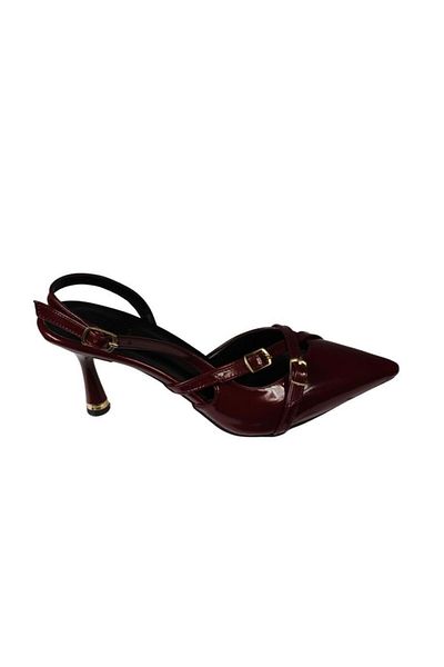 Yaz Kış Ayakkabı Yazkiş Women's Black Skin Burgundy Patent Leather Upper Belted Pointed Toe 8cm Thin Heel Stiletto Shoes