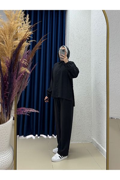 MİHRA STORE Rumeysa Pantaloni lungi cu fante-BN4334 Negru