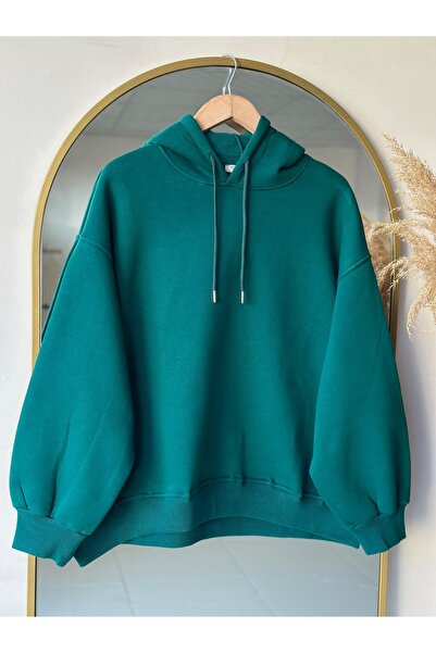 MİHRA STORE Μπλούζα Banu Yandan με οβάλ τσέπες oversized με κουκούλα και τρεις κορδόνια Sweat-ZN1644 Emerald Green