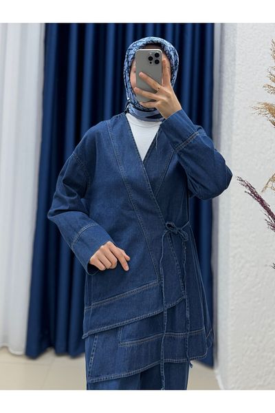 MİHRA STORE Lozan Cloth Foot Side Tie Trousers Denim Suit-Ml3041 Denim Color