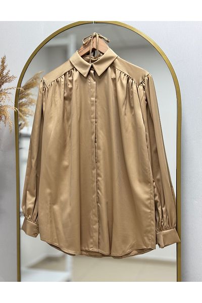 MİHRA STORE Müge Shoulder Gather Detailed Satin Shirt-Ün1453 Mink