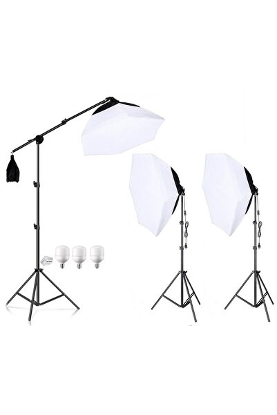 AZT 3 lü Ürün , Reklam , Moda , Makyaj , Stüdyo için 70cm Octagon Softbox 195w Led Sürekli Işık Seti