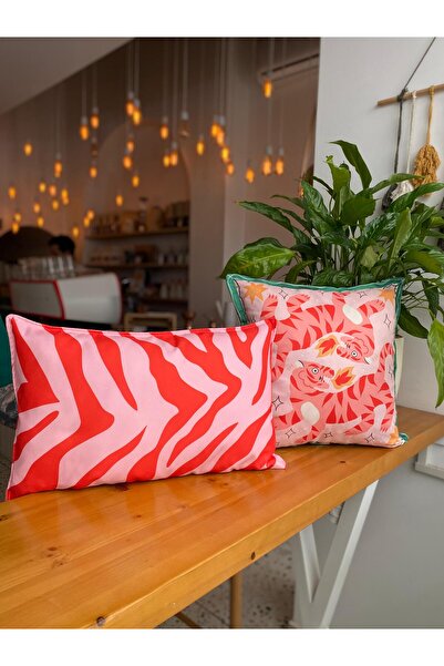 RahanDesign Kaplan Pembe - Kırmızı Desenli Süet Kumaş Çift Taraflı 2li Kırlent Kılıfı Seti - (43x43cm - 30x50cm)