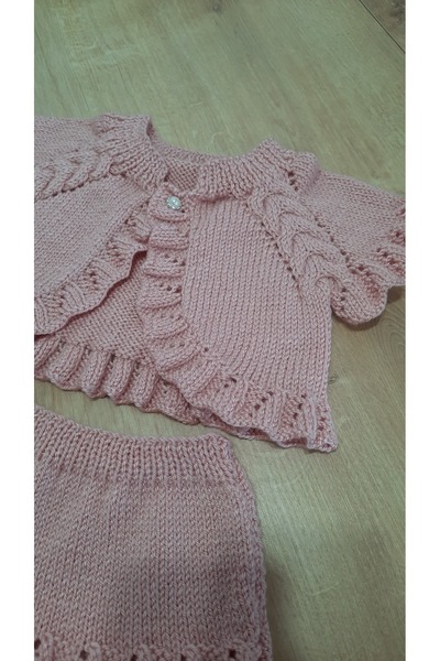 El örgüsü BEBE YÜNÜ EL ÖRGÜSÜ 2"Lİ TAKIM ELBİSE 1-2 YAİ UYUMLU PUDRA