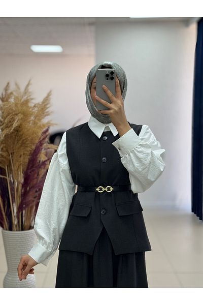 MİHRA STORE Zenetta Belt Chain Detailed Lined Vest Double Suit-Ün3000 Anthracite