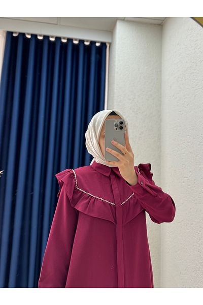 MİHRA STORE Yeşim Front and Back Ruffle Shirt-El1230 Burgundy