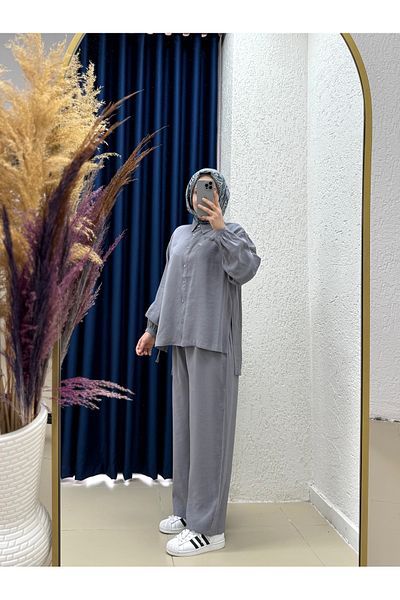MİHRA STORE Rumeysa Long Slit Pants Suit-Bn4334 Gray