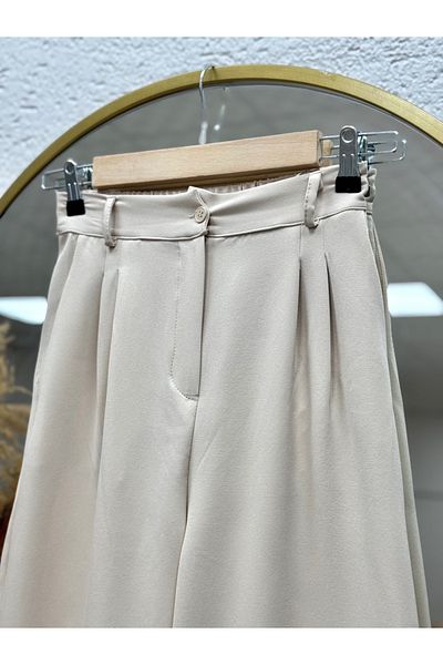 MİHRA STORE İda Front Pleat Detail Palazzo Trousers Stone