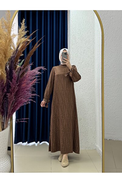 MİHRA STORE فستان حفصة جاكار بأكمام مربوطة-EL1888 بني