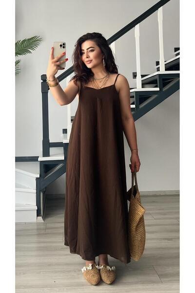 Oslove فستان بحزام بريميوم باللون البني المرير