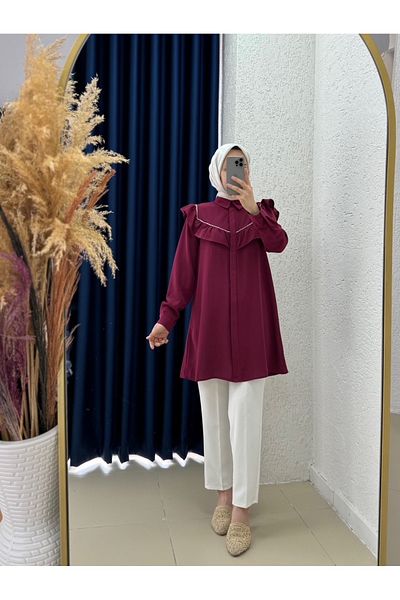 MİHRA STORE Yeşim Front and Back Ruffle Shirt-El1230 Burgundy
