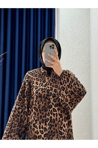 MİHRA STORE Tirmora Leopard Patterned Viscose Dress-Pe606 Brown