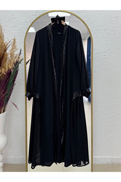 MİHRA STORE Tuğba Κρεπ Παγιέτες Αμπαγιά-PA9569 Μαύρο