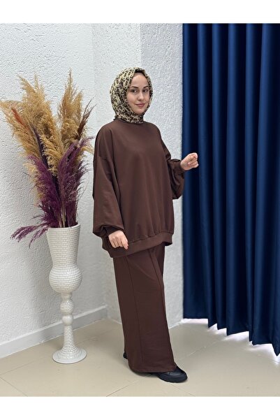 MİHRA STORE Dilşah Loose Sweat Two Thread Pants Suit-Nl222 Coffee