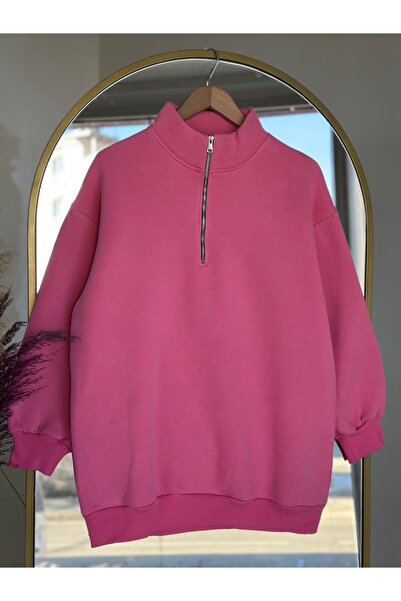 MİHRA STORE Μισό φούτερ με φερμουάρ Birgül, τρία κορδόνια, Sweat-ZN1055 Ροζ