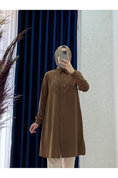 MİHRA STORE Aurora Front Pleated Stone Linda Shirt-El1875 Brown