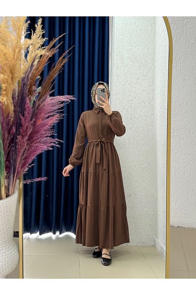 MİHRA STORE Vinora Folded Hidden Button Nada Dress-Kn8011 Brown