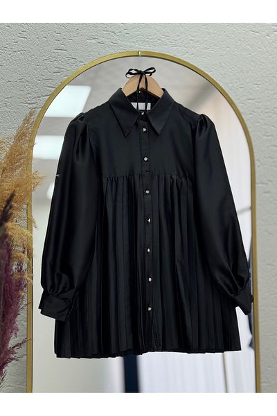 MİHRA STORE Rain Skirt Pleated Satin Shirt-El1880 Black