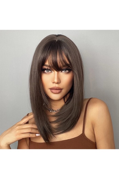 animis beauty Περούκα σατέν σε σοκολατί καφέ χρώμα, από συνθετικές ίνες φυσικής όψης, μεσαίου μήκους ίσια μαλλιά, με αφέλειες, 40 εκ.