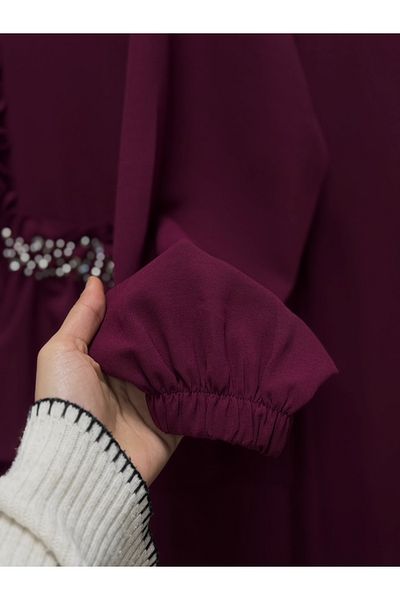 MİHRA STORE Zülal Off Shoulder Front Ruffled Stone Double Suit-El1721 Burgundy