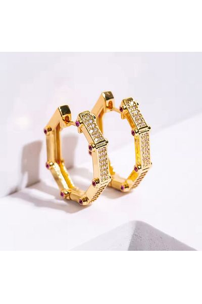 Lunays Steel Baguetta Zircon Stone Hoop Women's Earrings Gold Color