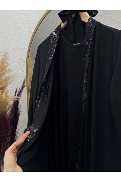 MİHRA STORE Tuğba Κρεπ Παγιέτες Αμπαγιά-PA9569 Μαύρο