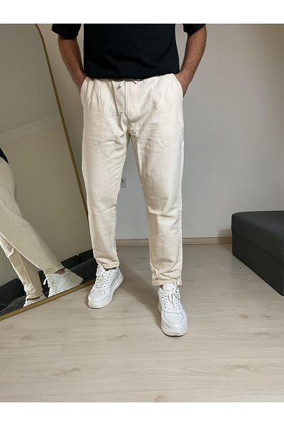 Z1MAN Raw Linen Boyfriend Double Leg Beige Trousers