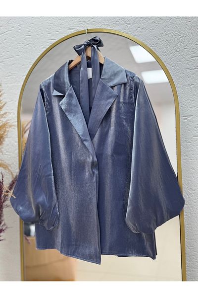 MİHRA STORE Evla Balloon Sleeve Shiny Fabric Jacket-Eu2482 Navy Blue