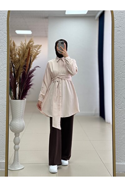 MİHRA STORE Selen Veined Fabric Tied Shirt-Çi̇425 Stone