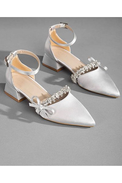 NASSAN Stone Bow Low Heel Satin Shoes