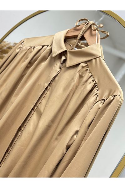 MİHRA STORE Müge Shoulder Gather Detailed Satin Shirt-Ün1453 Mink
